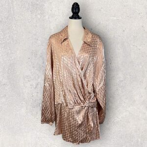 ASOS River Island Faux Wrap Top Pink Champagne Print, Size 22